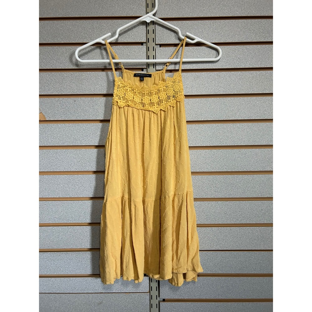 Staccato Mustard Yellow‎ Swiss Dot Lace Crochet Tank Top Womens Large Flowy Boho